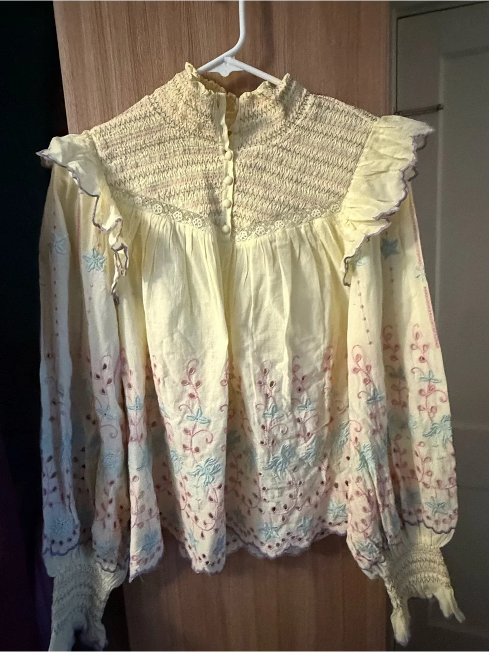 LoveShackFancy Pale Yellow Embroidered Ruffle Smocked Blouse